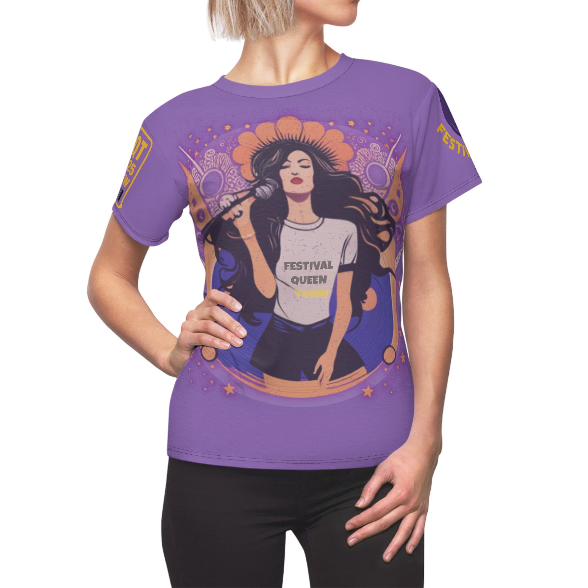 Festival Queen Town Graphic Tee All-Over Print Retro Music Shirt for Women